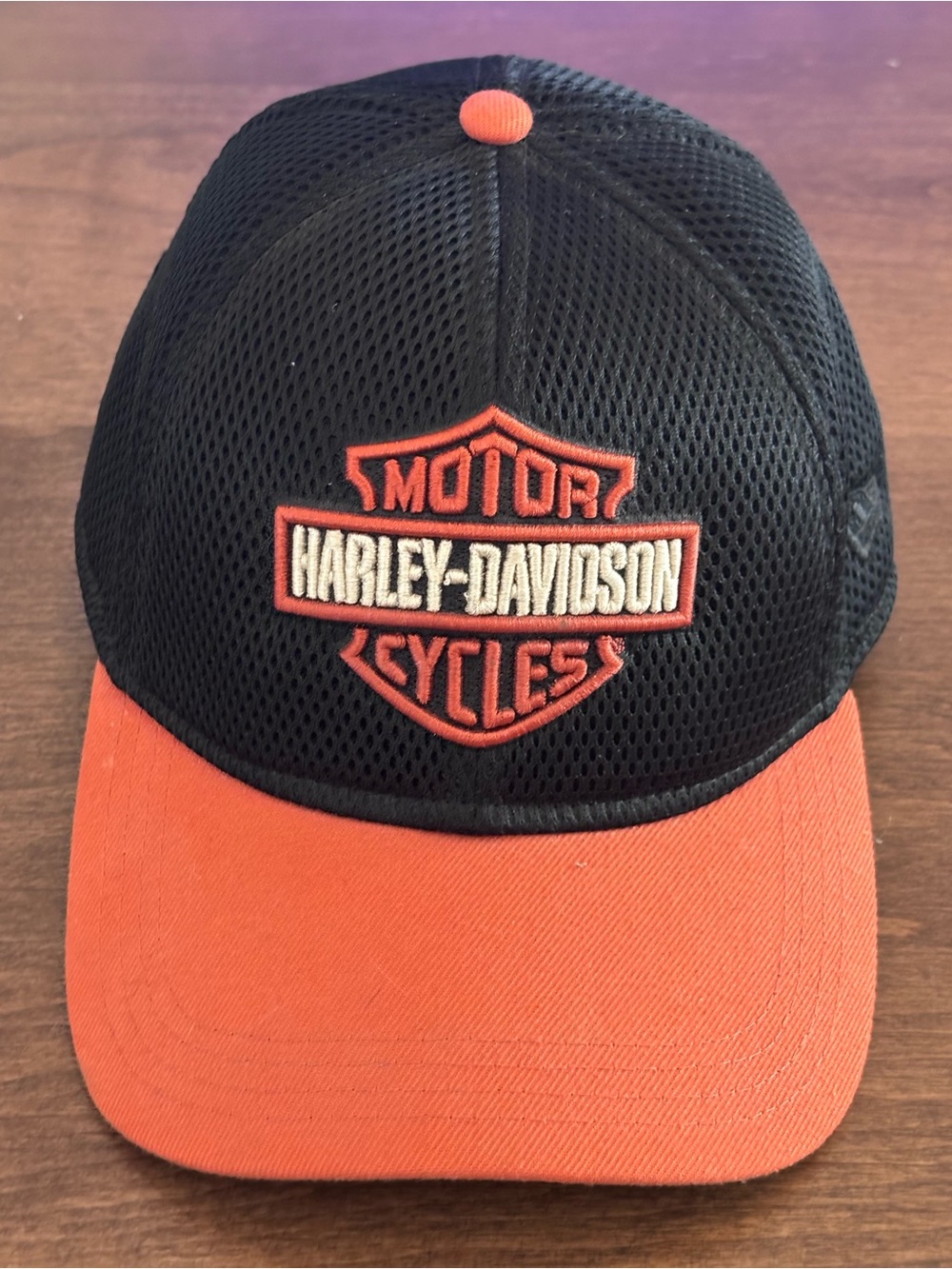 Harley-Davidson New Era Black and Orange Mesh Cap with Embroidered Shield
